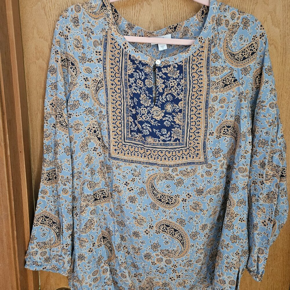 J.Jill womans paisley boho tunic in blue & brown size medium